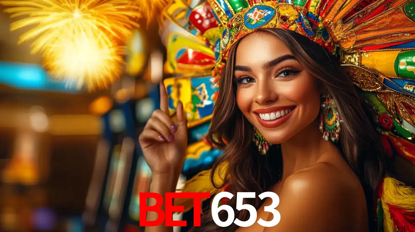 Mulher sorridente com um cocar de carnaval vibrante e colorido, celebrando uma grande vitória nos jogos do cassino bet653 com fogos de artifício ao fundo.