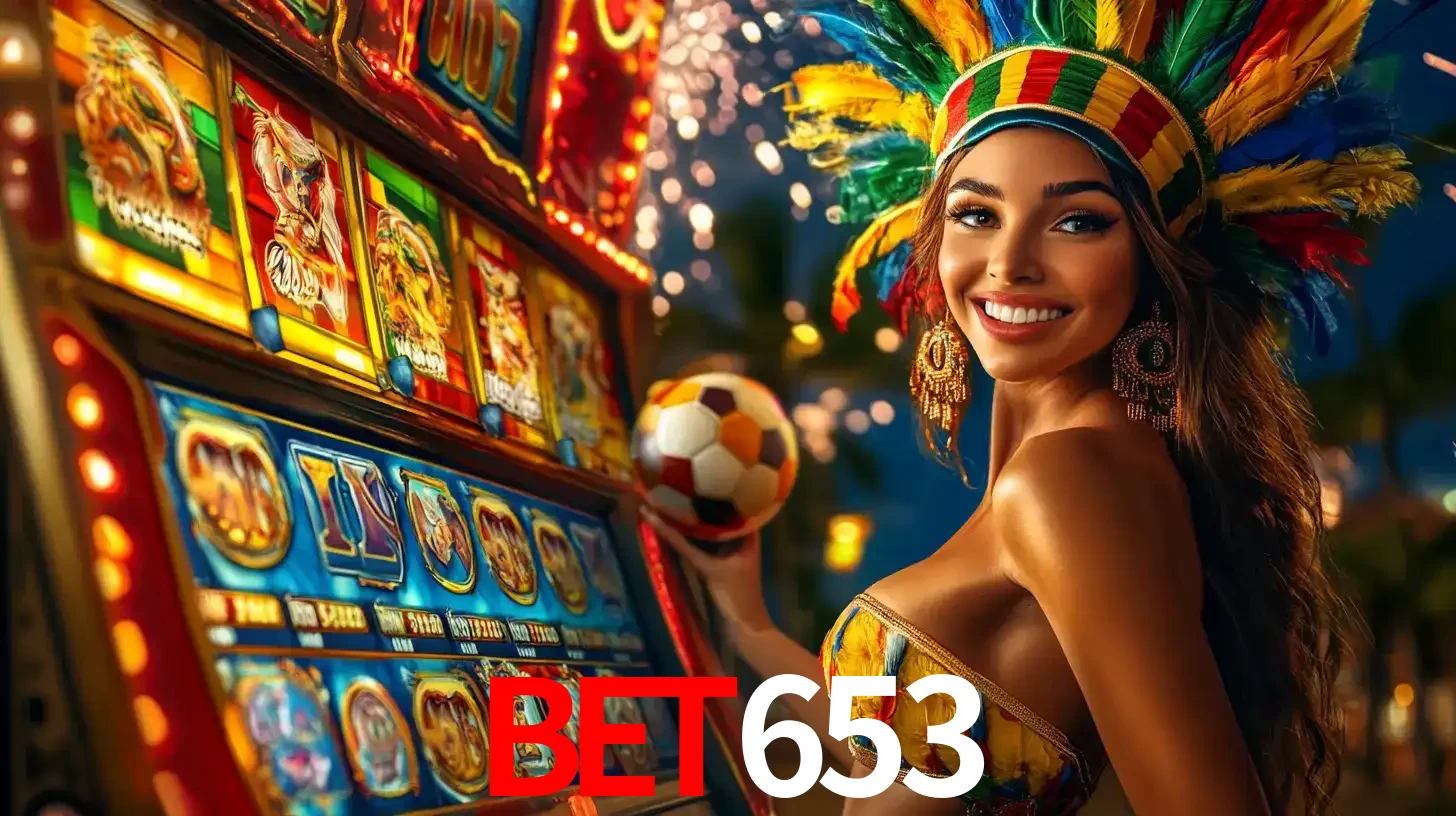 Mulher com um cocar de carnaval ao lado de uma máquina de caça-níqueis enquanto segura uma bola de futebol, mostrando a união da diversão de cassino e esportes no bet653.