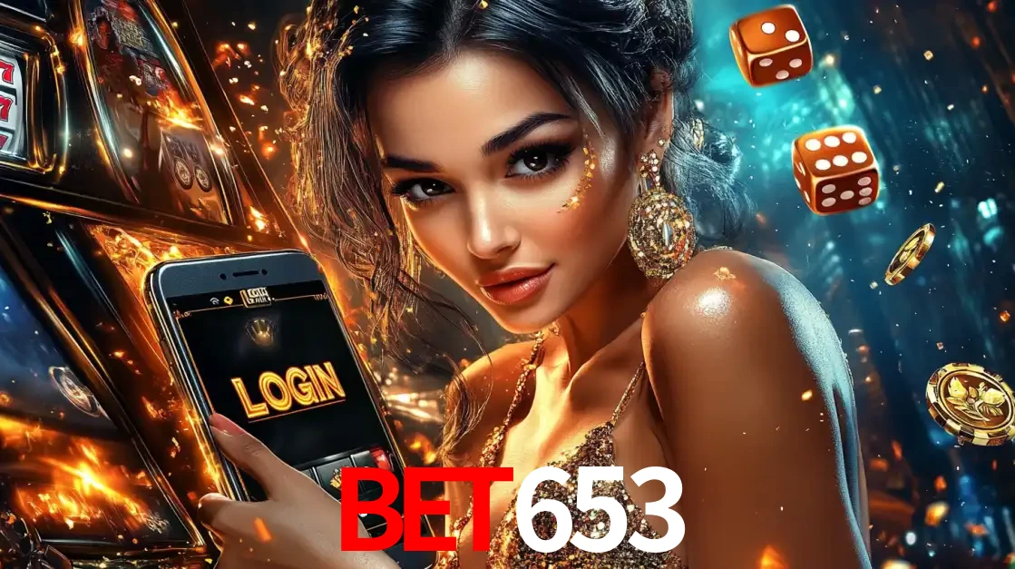 Mulher glamourosa segurando um celular com a tela de login do cassino bet653, rodeada por dados e moedas douradas, pronta para começar a diversão.