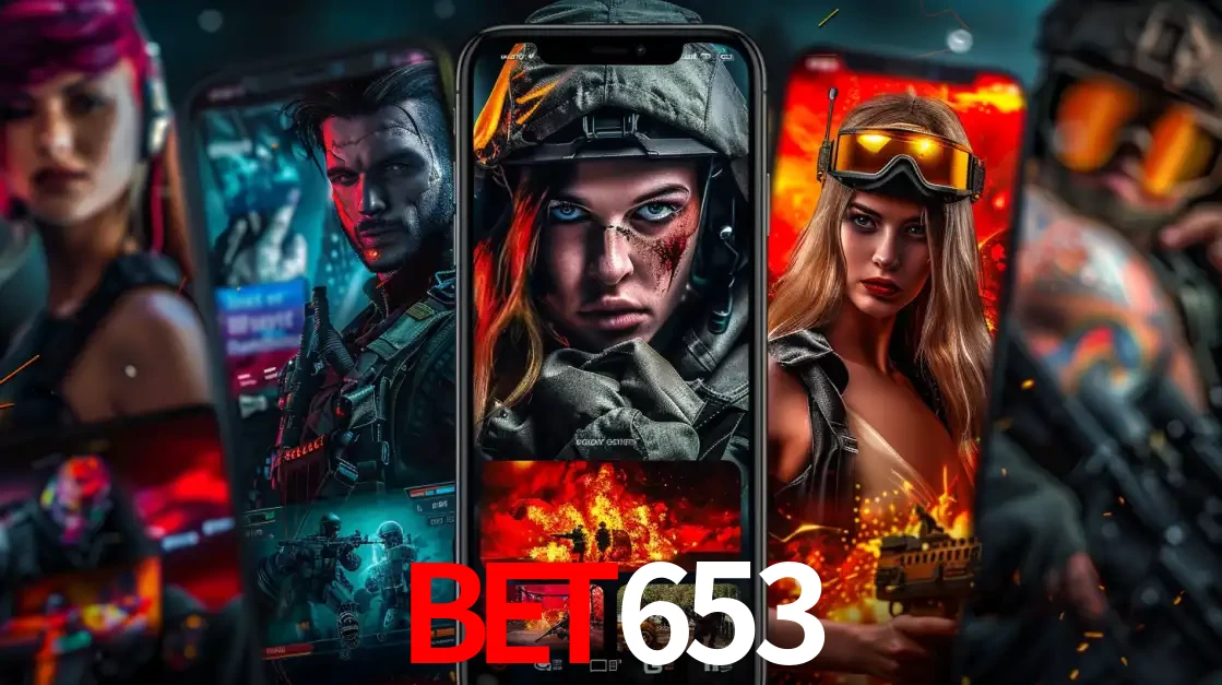 Montagem de telas de celular mostrando diversos personagens, masculinos e femininos, de um jogo de tiro, ilustrando a diversidade de equipes de e-sports para apostar no bet653.