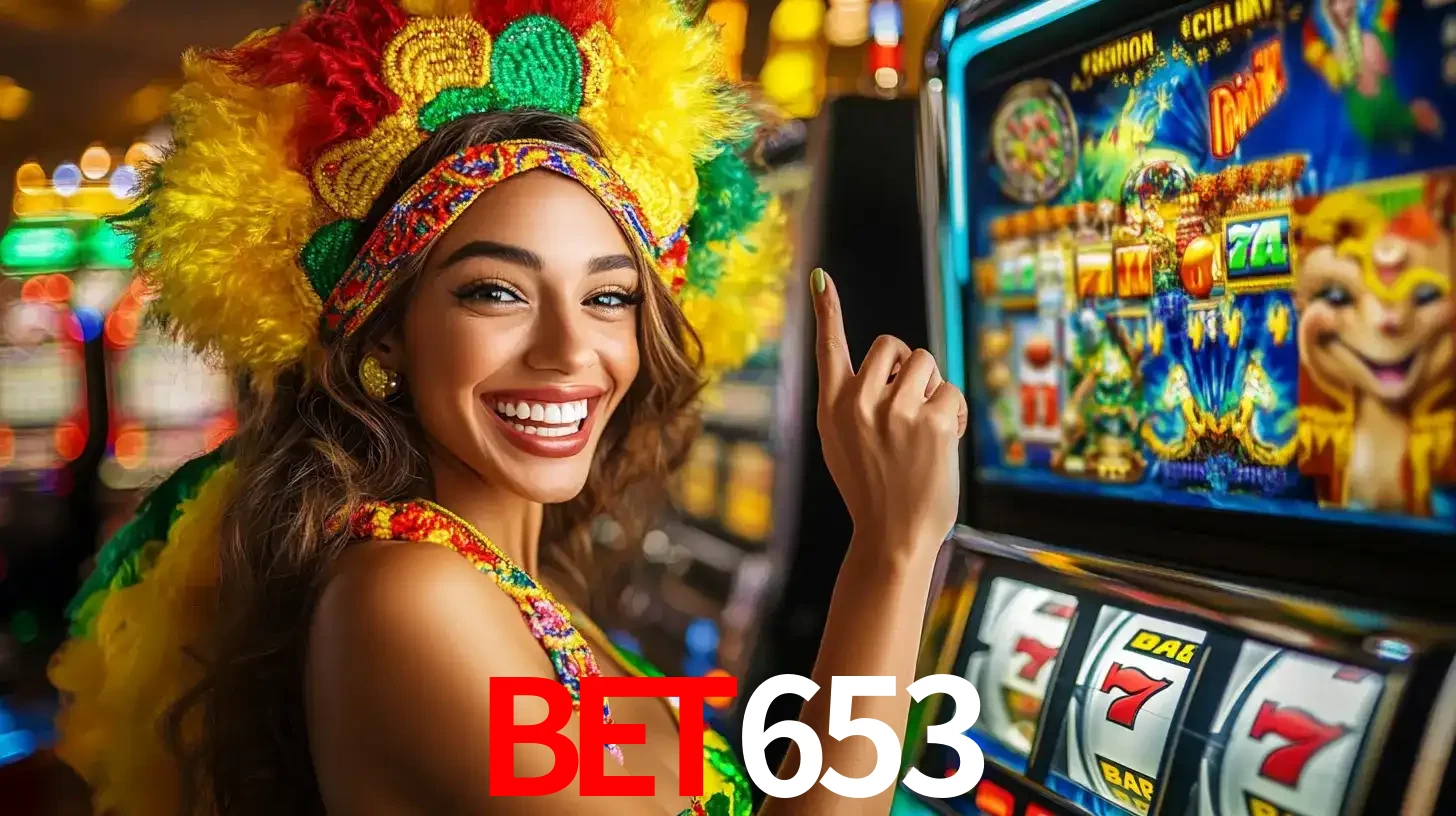 Mulher animada com um cocar de carnaval apontando para uma máquina de caça-níqueis, mostrando a emoção de ganhar um grande prêmio nos jogos do bet653.