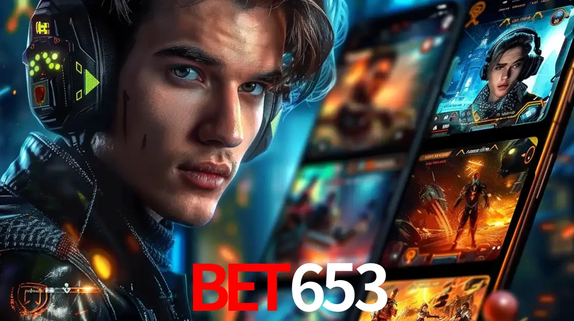 Jovem jogador com fones de ouvido olhando para a câmera, com um aplicativo de jogos e e-sports para celular ao fundo, pronto para a competição e apostas no bet653.