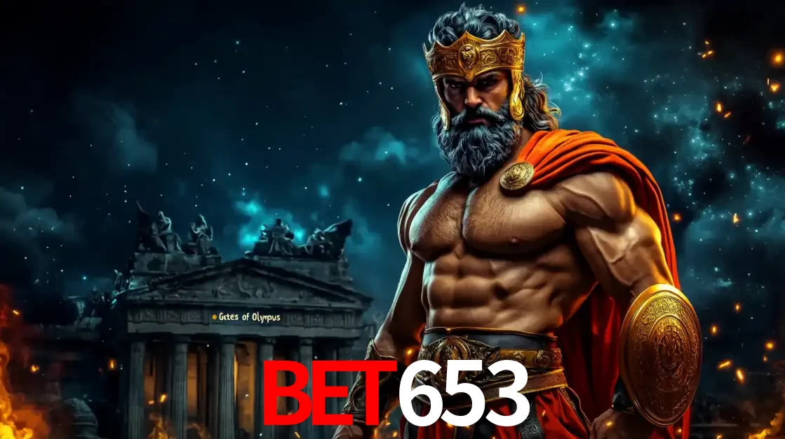 O poderoso Zeus do jogo de slot Gates of Olympus em frente ao seu templo, pronto para lançar multiplicadores divinos e prêmios épicos no cassino online bet653.