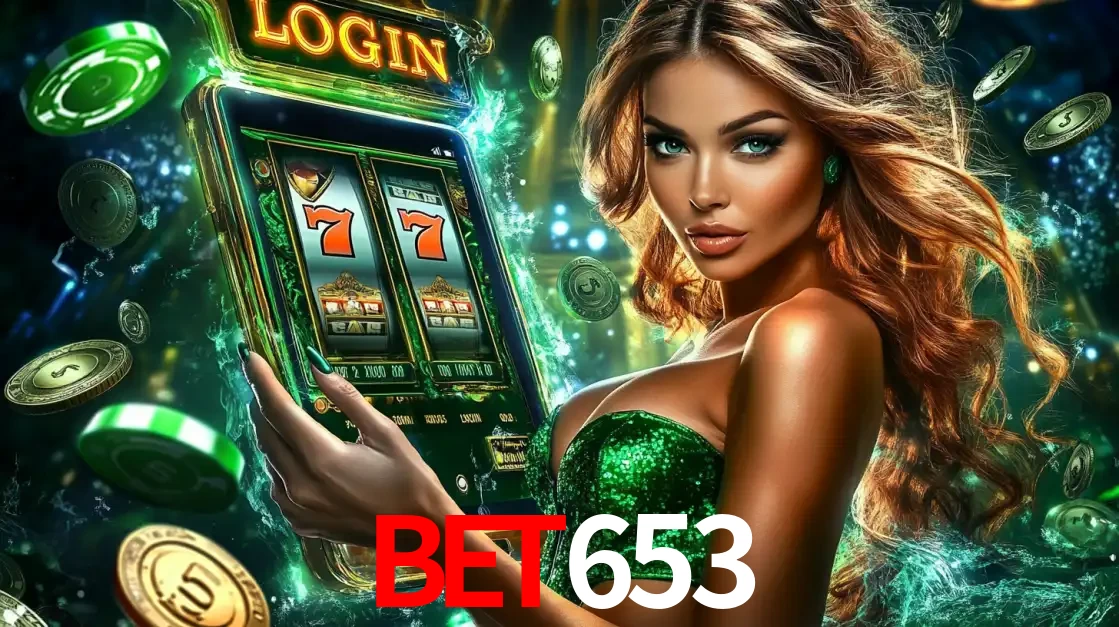 Mulher com tema verde apresentando o aplicativo do cassino bet653 com um jogo de slot de 777, cercada por fichas de cassino e uma aura de sorte.