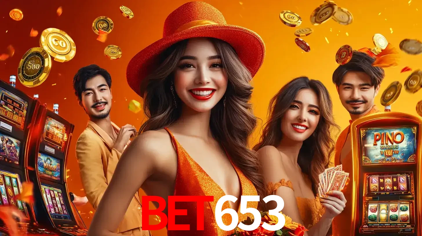 Grupo de amigos asiáticos sorrindo e se divertindo com máquinas de caça-níqueis em um ambiente festivo, celebrando suas vitórias nos jogos de cassino do bet653.