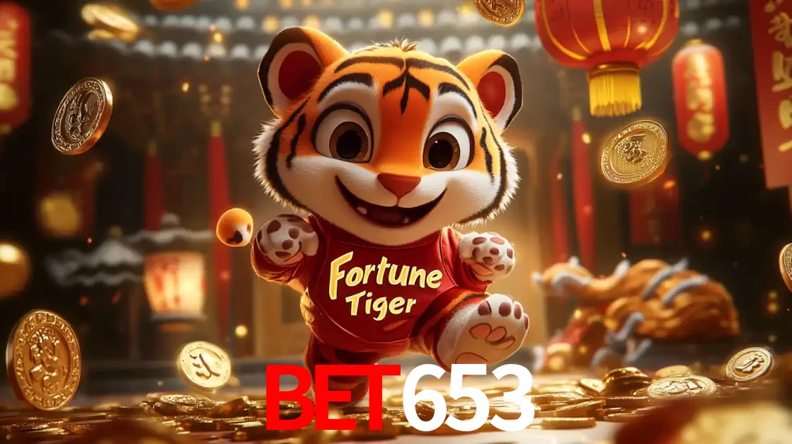 O alegre personagem do Fortune Tiger correndo sobre um caminho de moedas de ouro, simbolizando os grandes prêmios e a diversão do popular jogo de slot do bet653.