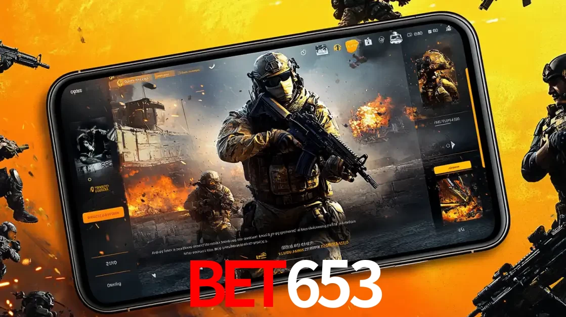 Um smartphone exibindo a interface de um jogo de tiro em primeira pessoa, com um soldado em um cenário de batalha, representando a ação dos e-sports para apostar no bet653.