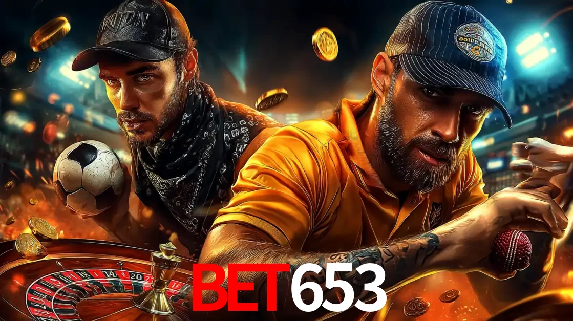 Montagem de apostas esportivas e cassino no bet653, com um homem segurando uma bola de futebol e outro uma de beisebol sobre uma roleta e moedas voadoras.