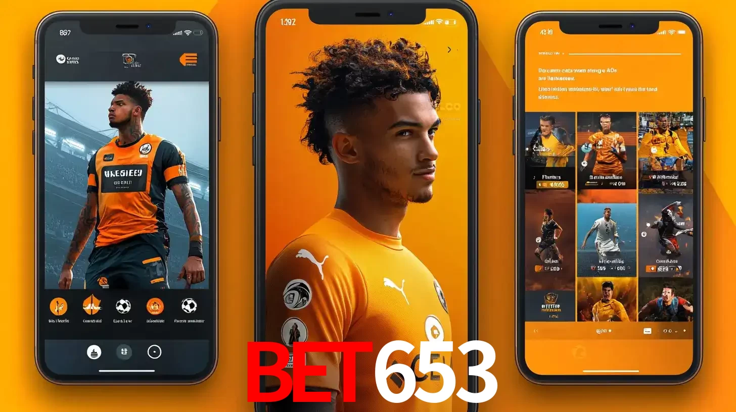 Interface do aplicativo de apostas esportivas bet653 em três telas de celular, mostrando o perfil de um jogador de futebol e a lista de jogos disponíveis para apostar.