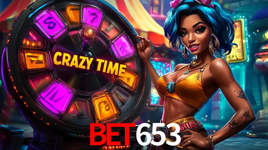 Mulher estilizada com cabelo azul e visual vibrante posando ao lado da roda de prêmios do game show Crazy Time, convidando para a diversão e os bônus do cassino bet653.