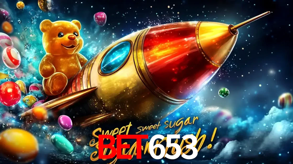 Arte promocional do jogo de slot Sugar Rush, com um urso de pelúcia em um foguete viajando pelo espaço de doces, um dos jogos divertidos disponíveis no cassino bet653.