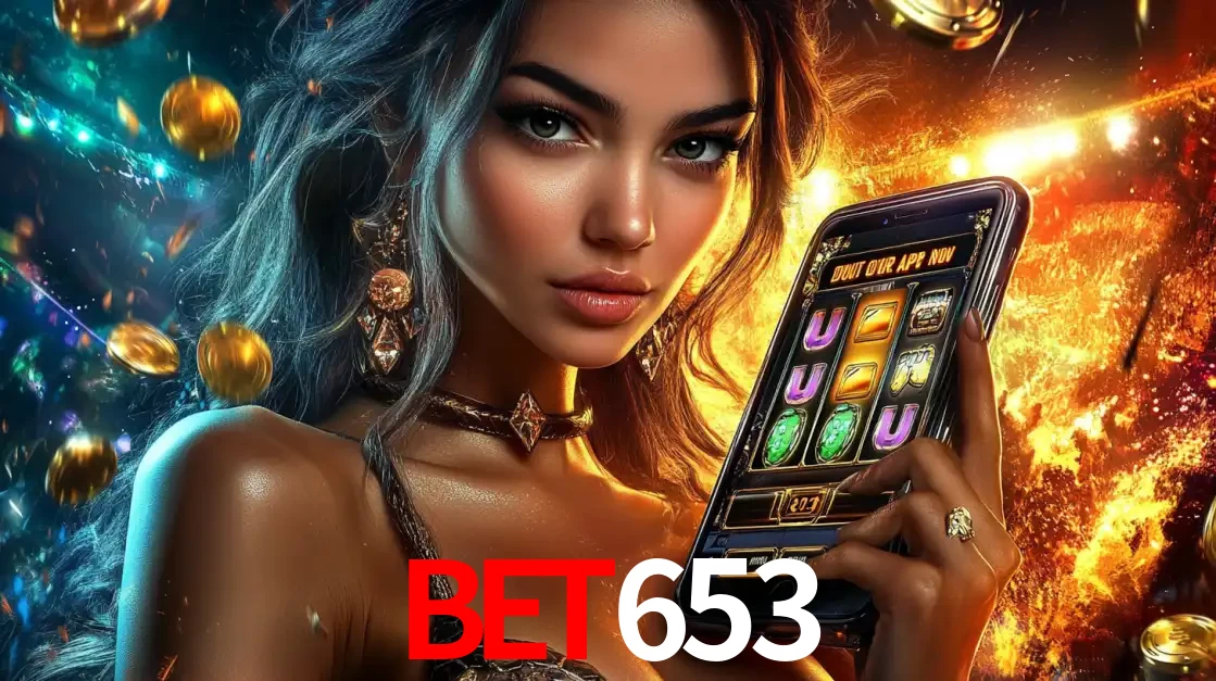 Mulher elegante mostrando um jogo de caça-níqueis em seu smartphone, destacando a experiência de cassino móvel oferecida pelo aplicativo bet653.