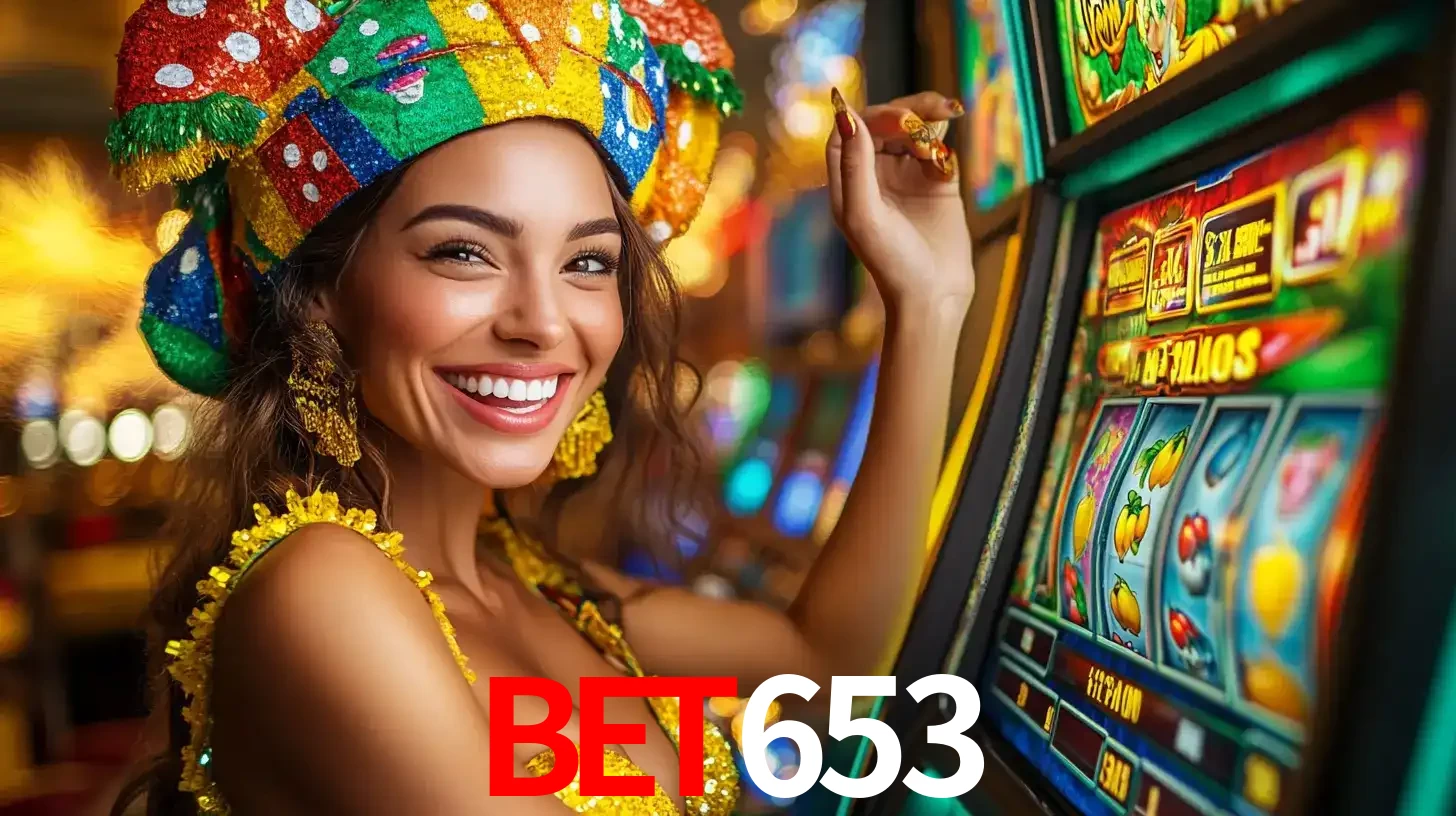Mulher feliz com traje de carnaval amarelo e colorido ao lado de uma máquina de caça-níqueis, aproveitando a diversão e os jogos temáticos do cassino bet653.