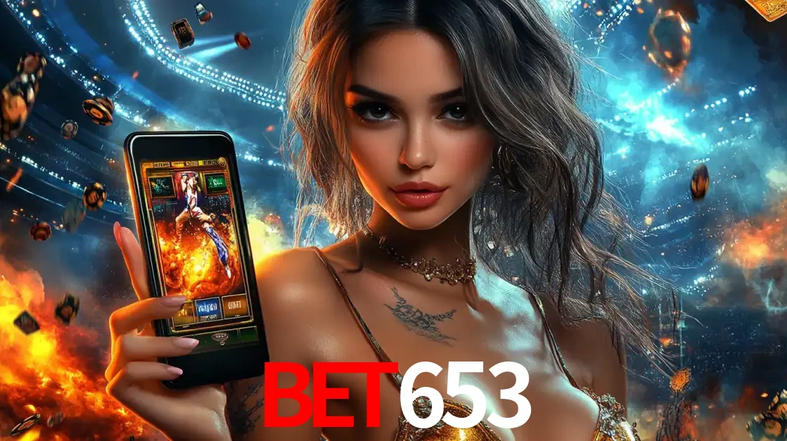 Mulher segurando um celular com um jogo de slot em destaque, tendo como fundo um estádio vibrante, simbolizando a emoção de jogar no cassino móvel bet653.