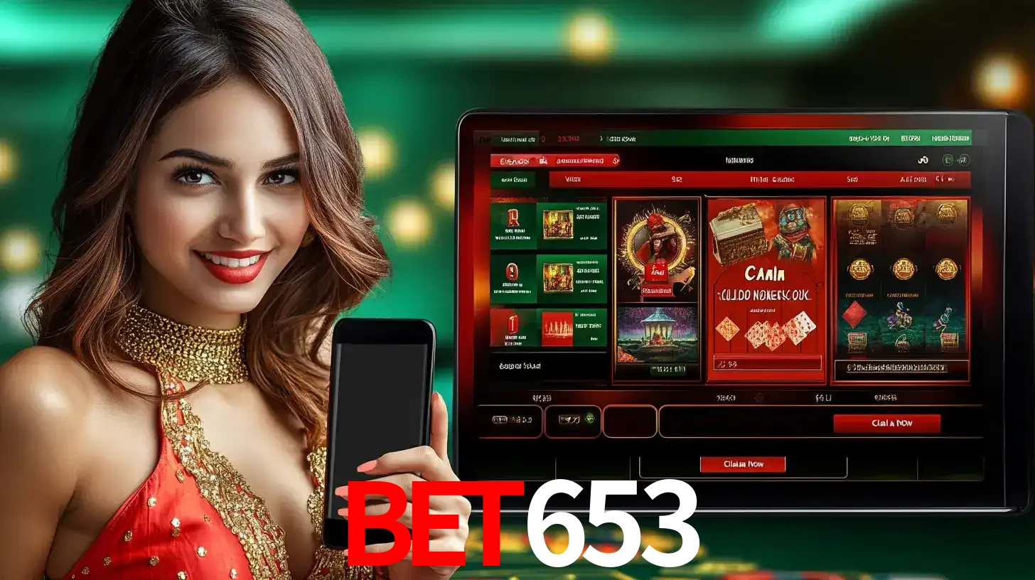 Mulher sorridente segurando um smartphone, ao lado de uma tela exibindo o lobby de jogos do cassino online bet653, com várias opções de jogos de cartas e slots.